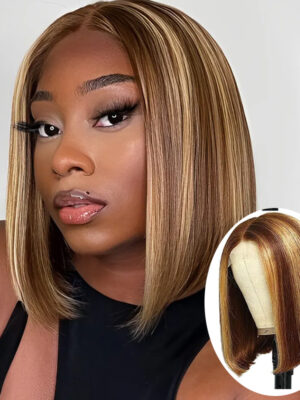 Ombre Highlight Color P4/27 Short Bob 13x4 Lace Frontal Wig Human Hair