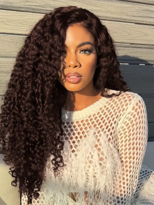 #4 Chocolate Brown Wig Jerry Curly 13x4 Transparent Lace Frontal Wigs Pre-Colored Human Hair Wigs
