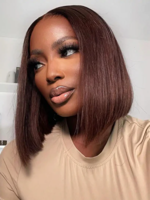 #4 Colored Human Hair Wig 13x4 Lace Front Straight Brown Bob Short Wig
