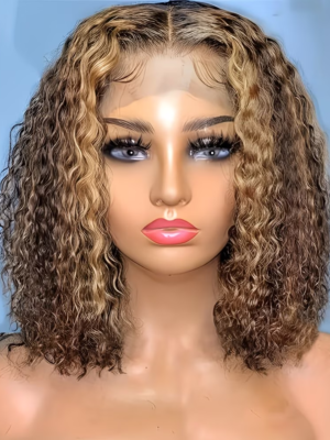 Water Wave Curly Bob Wig Pre-Plucked Highlight 13X4 Lace Front