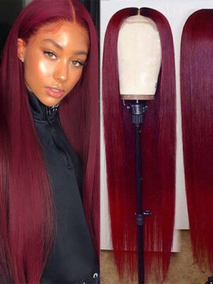 99J Burgundy Straight 13x4 Lace Front Human Hair Wig for Women Brazilian Remy Hair